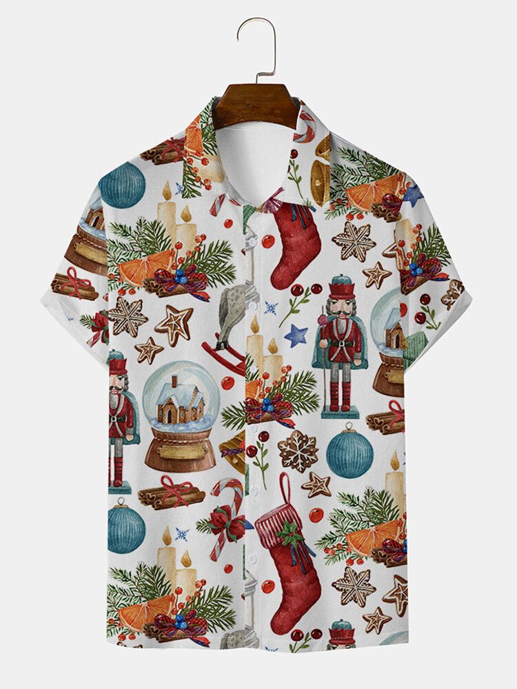Miesten Joululahjat Pattern Button Lapel Lyhythihaiset Paidat