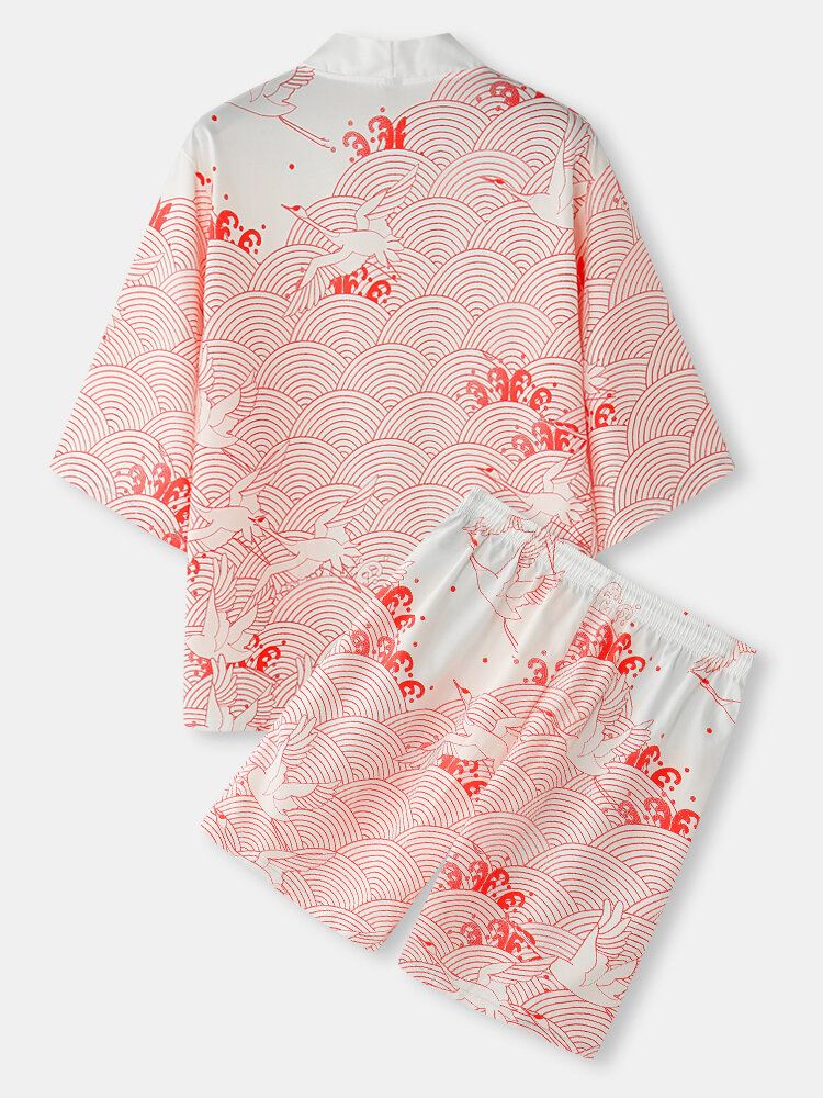 Miesten Kimono Crane Propitious Clouds-kuvioinen Kiristysnyöri Kaksiosaiset Asut