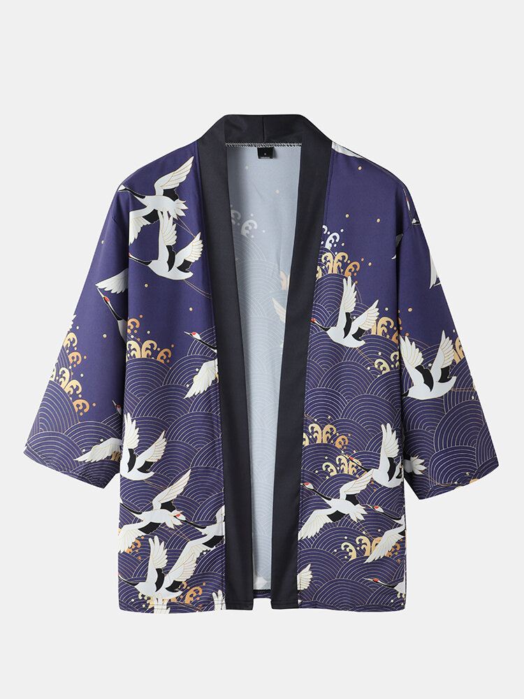 Miesten Kimono Etninen Nosturiprintti Avoin Edestä Rento Kaksiosaiset Asut