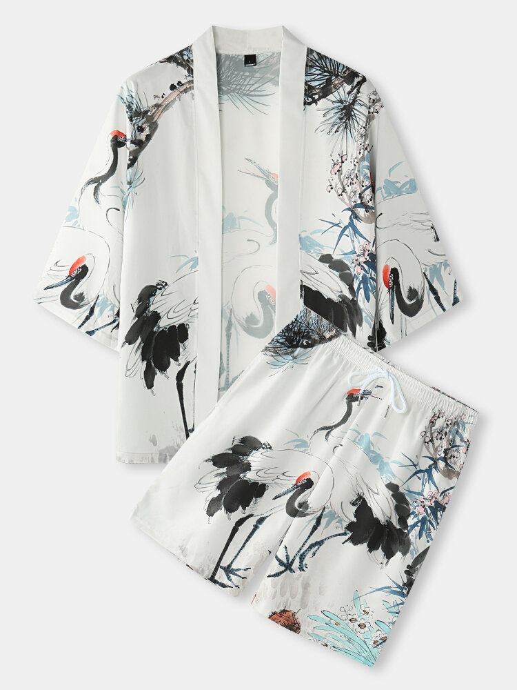 Miesten Kimono-mustemaalaus Nosturitulostustasku Avoin Edestä Kaksiosaiset Asut