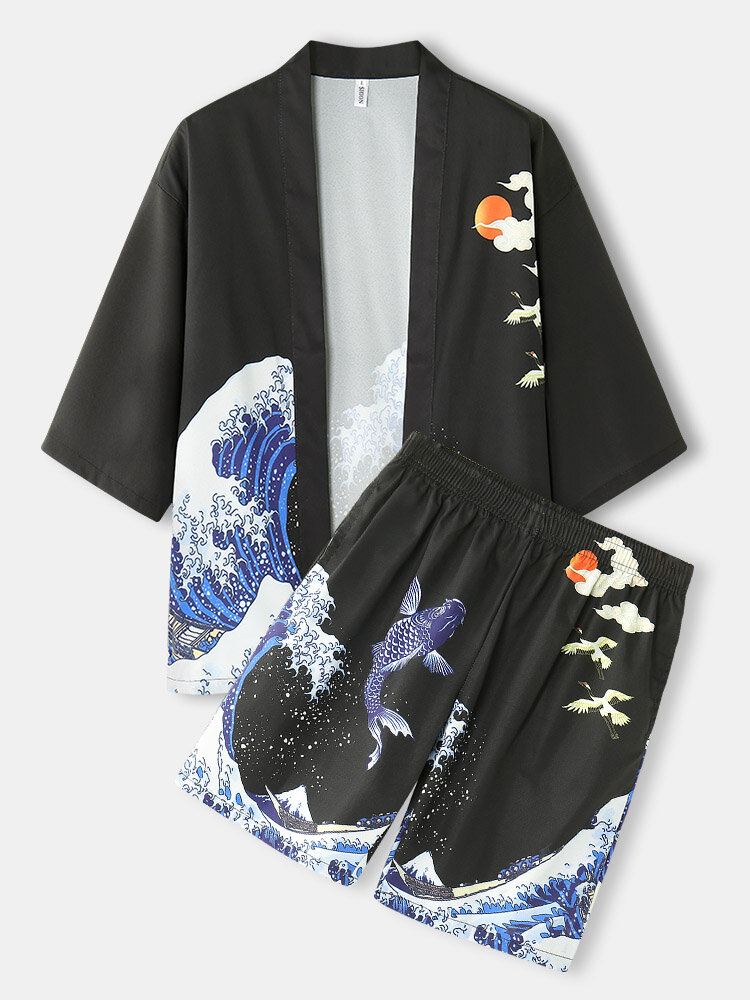 Miesten Kimono Waves Lippiskuvioinen Japanilainen Joustava Vyötärö Kaksiosaiset Asut
