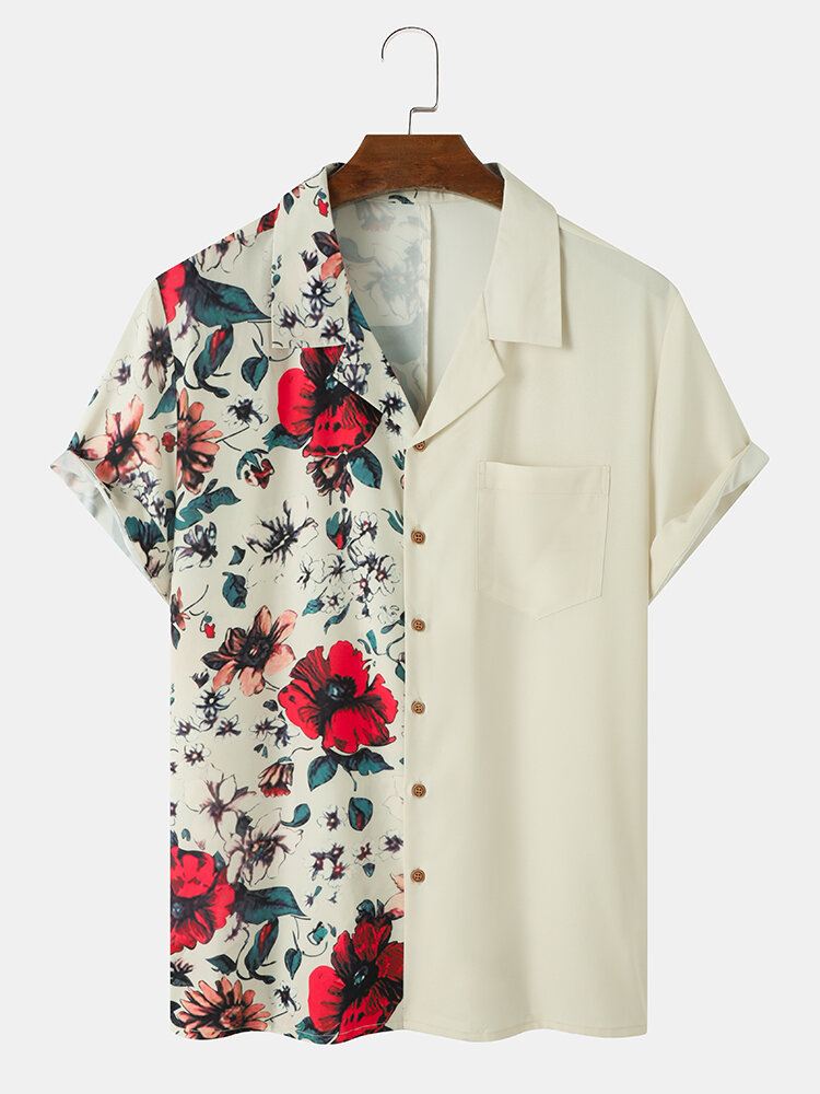 Miesten Kukkakuvioiset Patchwork Camp Collar Vacation Lyhythihaiset Paidat