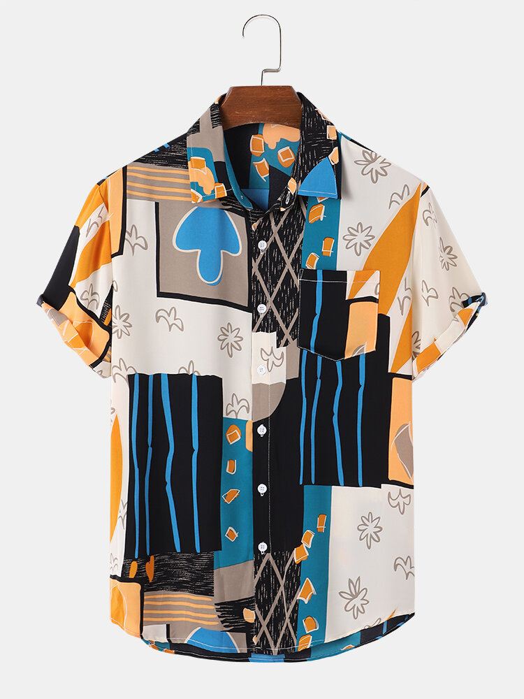 Miesten Kukkaväriset Colorblock Mix Print-paidat Loma-ajan Lyhythihaiset