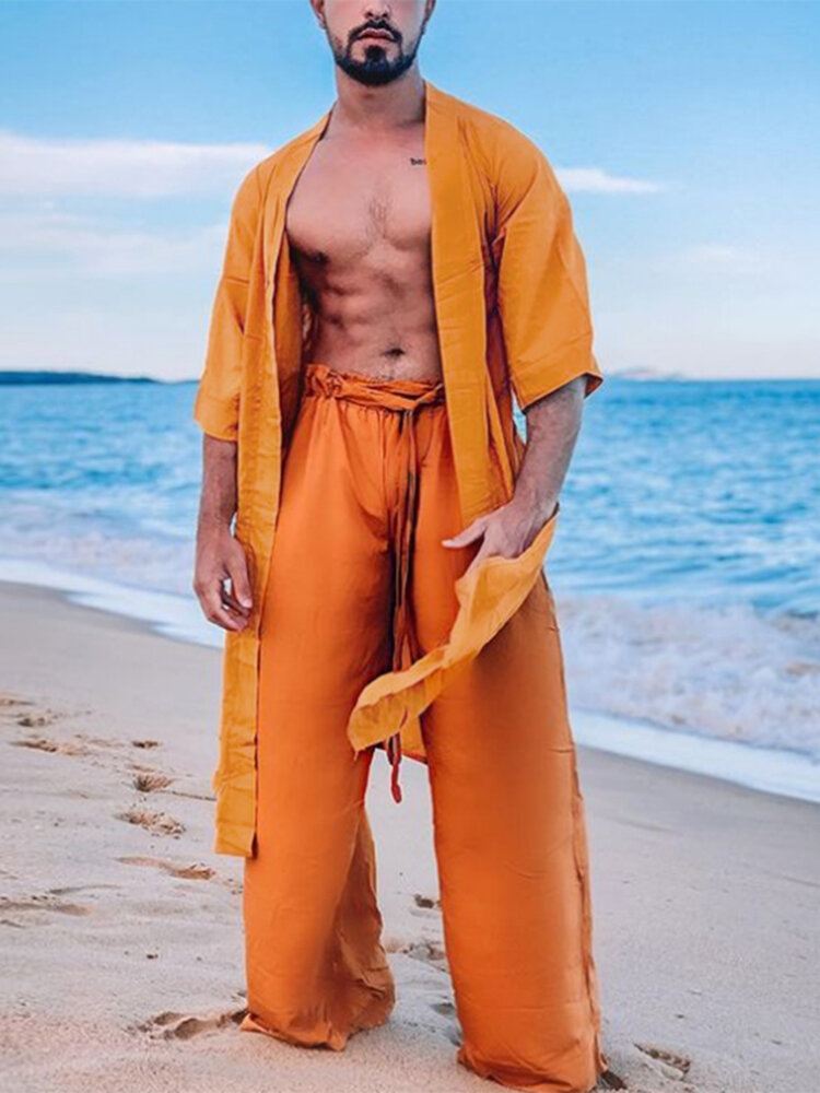 Miesten Solid Avoin Edestä Jaettu Rento Kaftan Pitkälinjainen Kimono