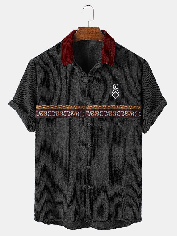 Miesten Tribal Print Patchwork Ribbed Button Up Lyhythihaiset Paidat