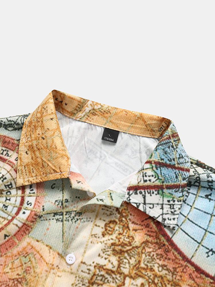 Miesten Vintage World Map Print Button Up Lyhythihaiset Paidat