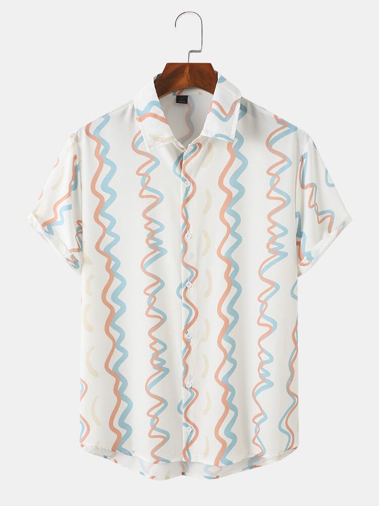 Miesten Waves Hit Color Graphic Pehmeä Hengittävä Kaikki Yhteensopiva Lapel Casual Paidat