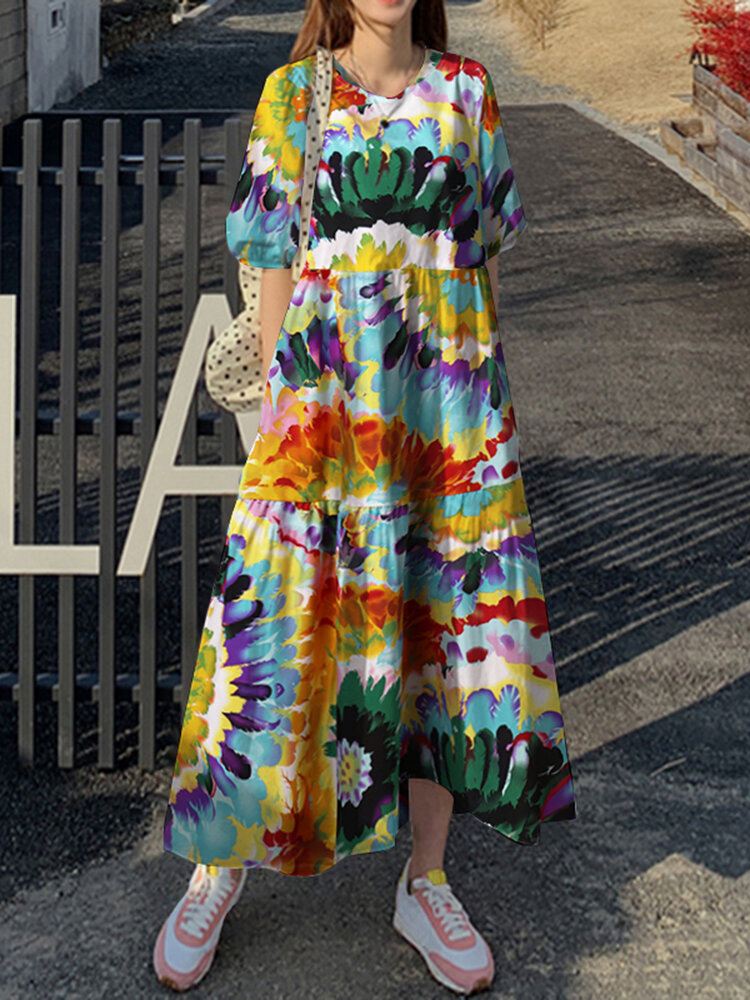 Cottagecore Flower Print Pocket Puff Sleeve Casual Maxi Mekko