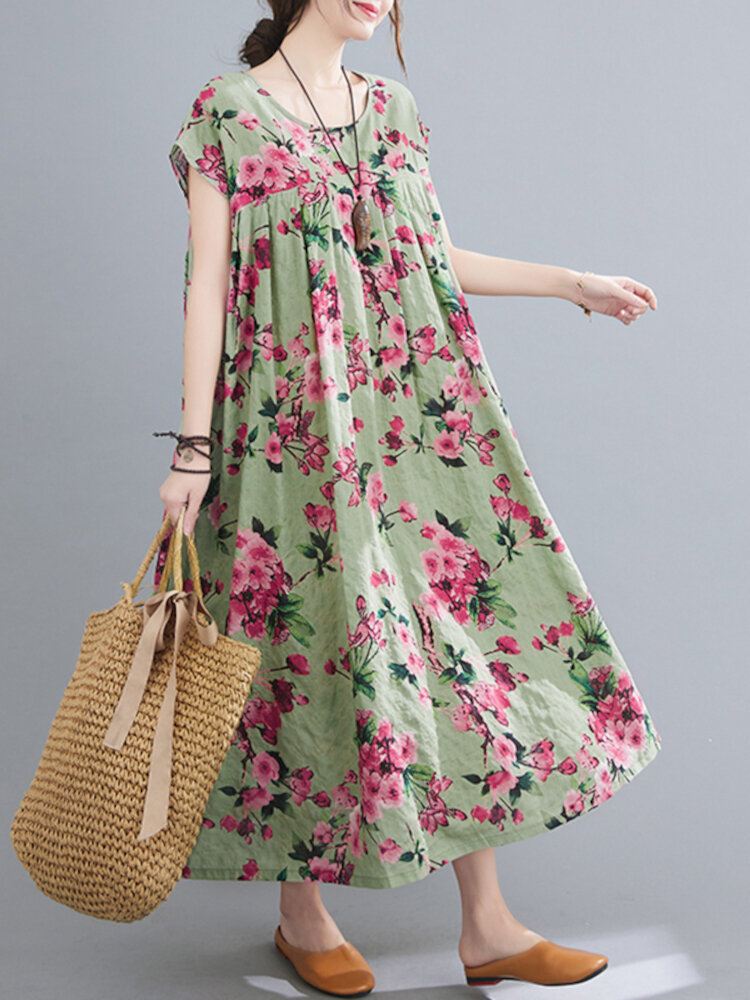 Kukkakuvioinen Bohemian Europe Retro-tyylinen O-aukkoinen Löysä Mekko