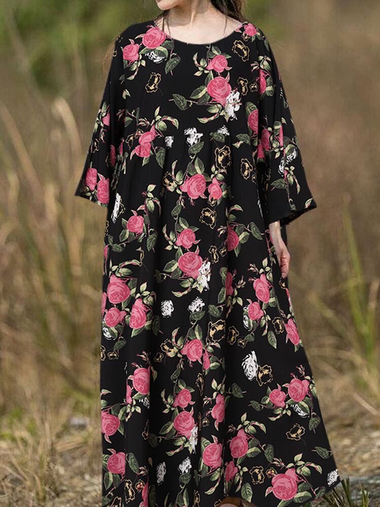 Naisten Bohemian Raglan Sleeve-hihainen Kukkainen Rento Väljä Maxi-mekko