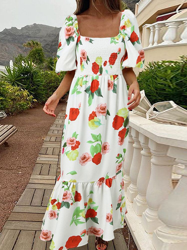 Naisten Holiday Square Neck Puff Sleeve Slim Fit Fishtail Swing Kukkakuvioinen Maxi Mekko