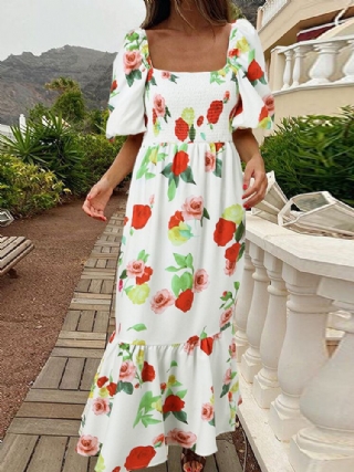 Naisten Holiday Square Neck Puff Sleeve Slim Fit Fishtail Swing Kukkakuvioinen Maxi Mekko