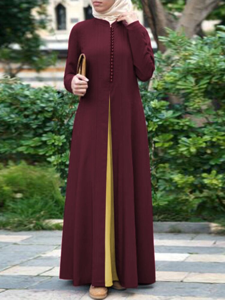Naisten Kontrastiväri Tikkaus Bohemian Button Pitkähihainen Muslimi Maxi Mekko Abaya Kaftan