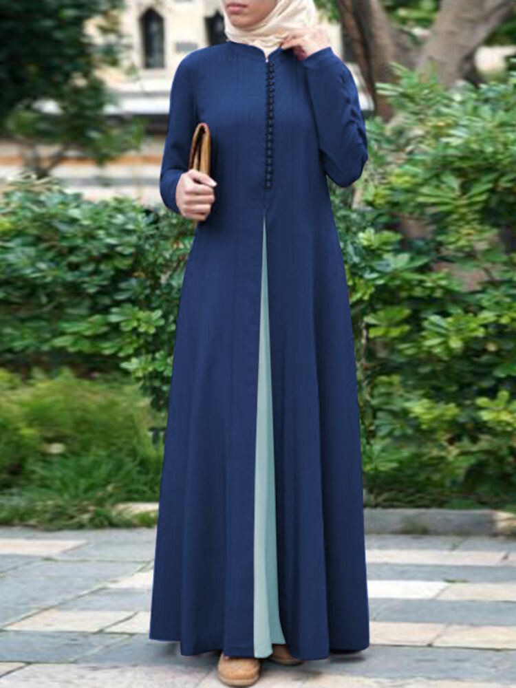 Naisten Kontrastiväri Tikkaus Bohemian Button Pitkähihainen Muslimi Maxi Mekko Abaya Kaftan