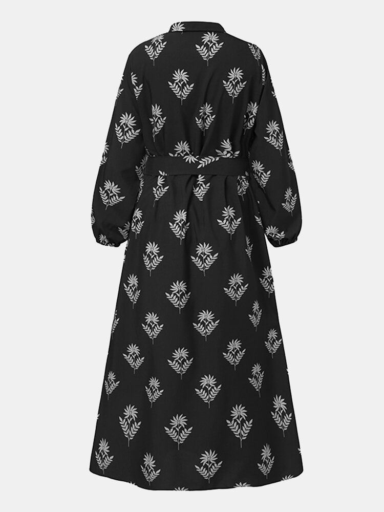 Naisten Kukkakuvioinen Käänne Puhvihihainen Kaftan Maxi-mekko Vyöllä