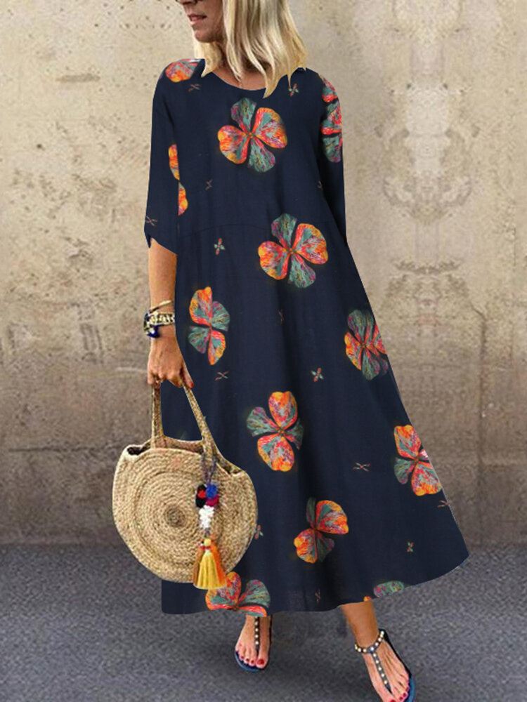 Naisten Kukkakuvioiset Pyöreäkaula-aukkoiset 3/4-hihat Bohemian Vintage Maxi-mekot
