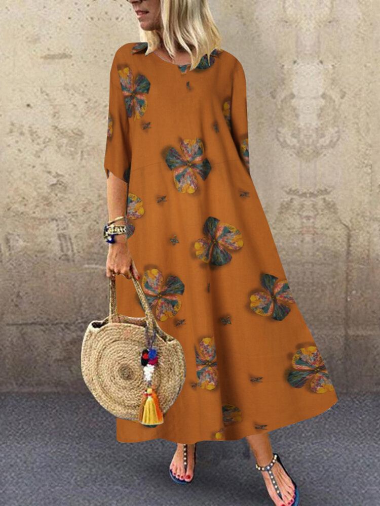 Naisten Kukkakuvioiset Pyöreäkaula-aukkoiset 3/4-hihat Bohemian Vintage Maxi-mekot