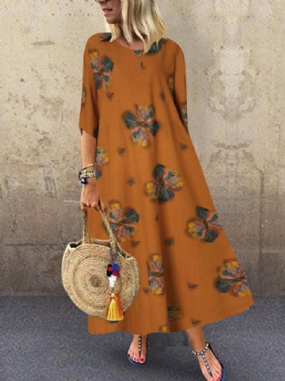 Naisten Kukkakuvioiset Pyöreäkaula-aukkoiset 3/4-hihat Bohemian Vintage Maxi-mekot
