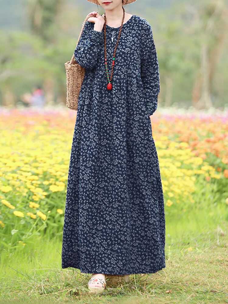 Naisten Kukkaprintti O-kaula-pitkähihainen Bohemian Holiday Maxi-mekko Taskulla