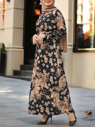 Naisten Kukkaprintti Röyhelöt Hihansuut Nauhainen Seisomakaulus Rento Maxi Muslimi Mekko Abaya Kaftan