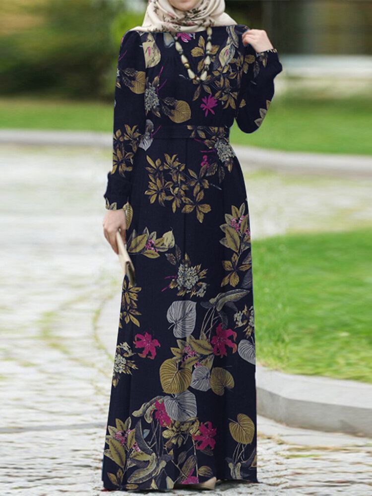 Naisten Puuvillainen Puhvihihainen Abaya Kaftan-Porrastettu Vapaa-ajan Kukkainen Retromekko