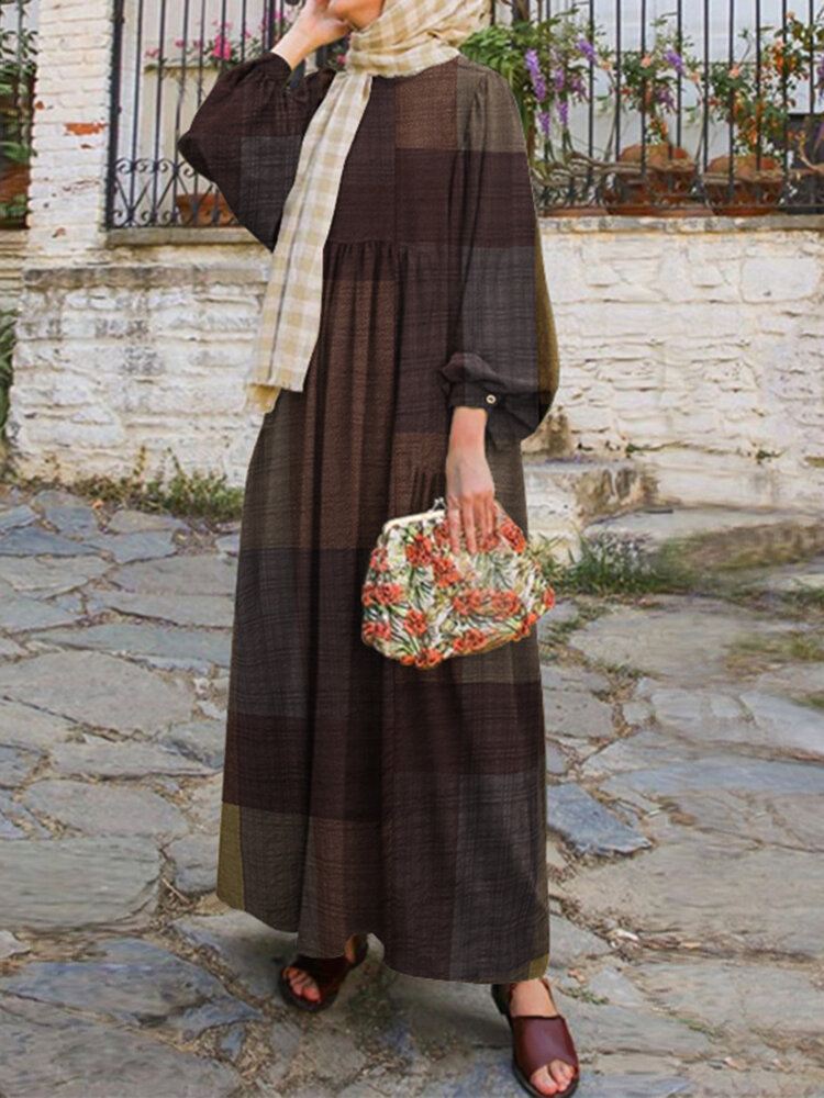 Naisten Retro Grid Print O-kaula Puhvihihainen Kaftan Maxi Mekko