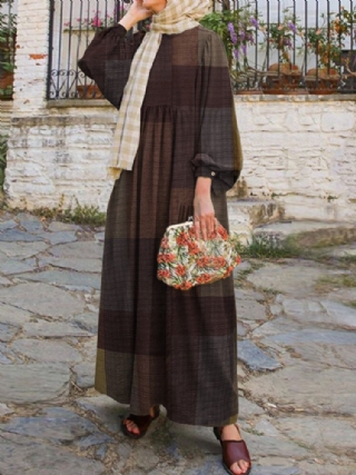 Naisten Retro Grid Print O-kaula Puhvihihainen Kaftan Maxi Mekko