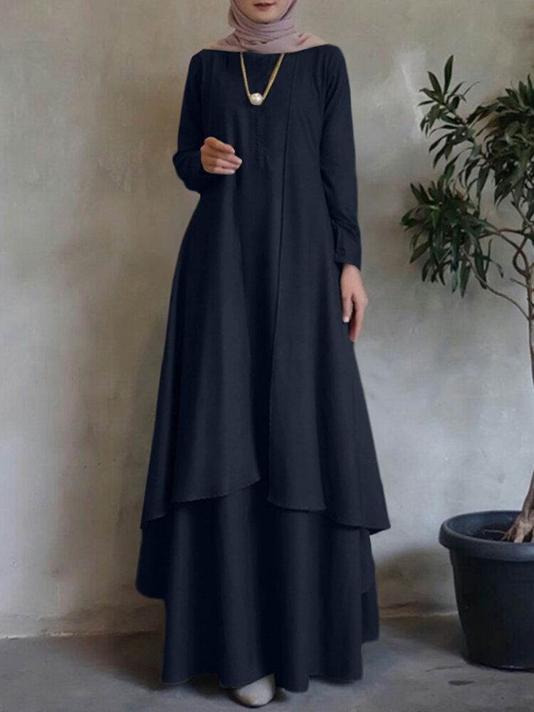O-pääntie Solid Abaya Kaftan Kaksikerroksinen Boheemi Mekko Naisille