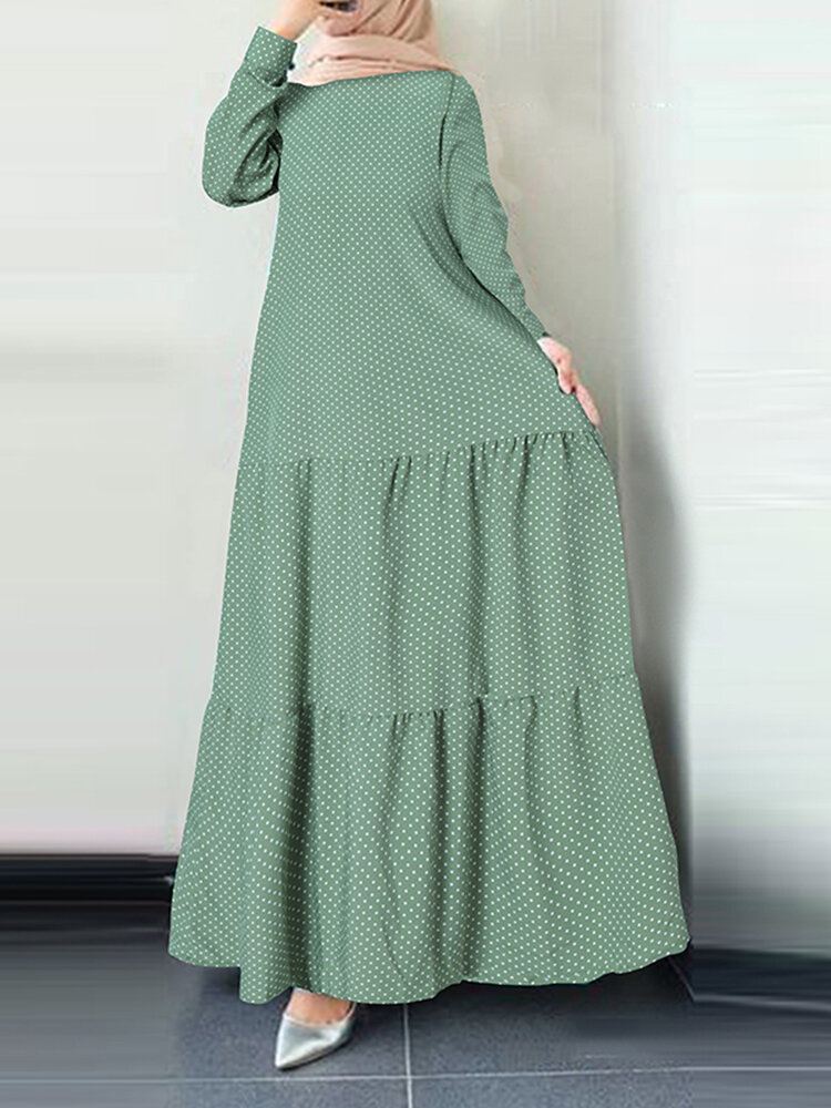 Pilkutulostus Takaisin Button Pitkähihainen Bohemia Stitching Maxi Mekko