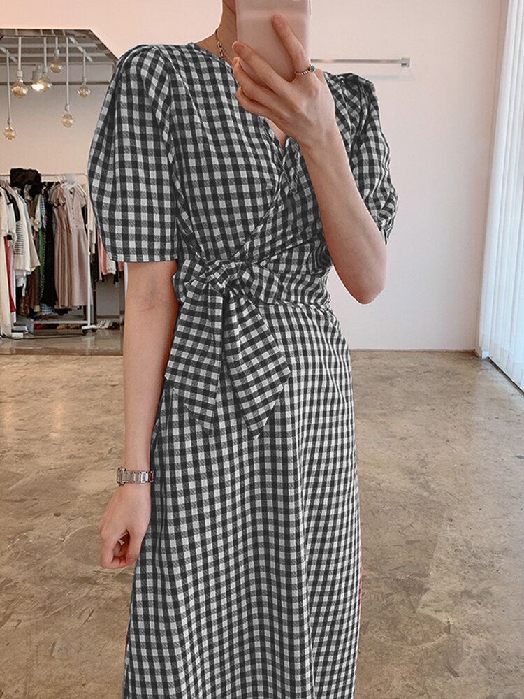 Puff Sleeve 100 % Puuvillaa Löysä Istuvuus V-kaula-aukkoinen Ruudullinen Splicing Maxi Mekko