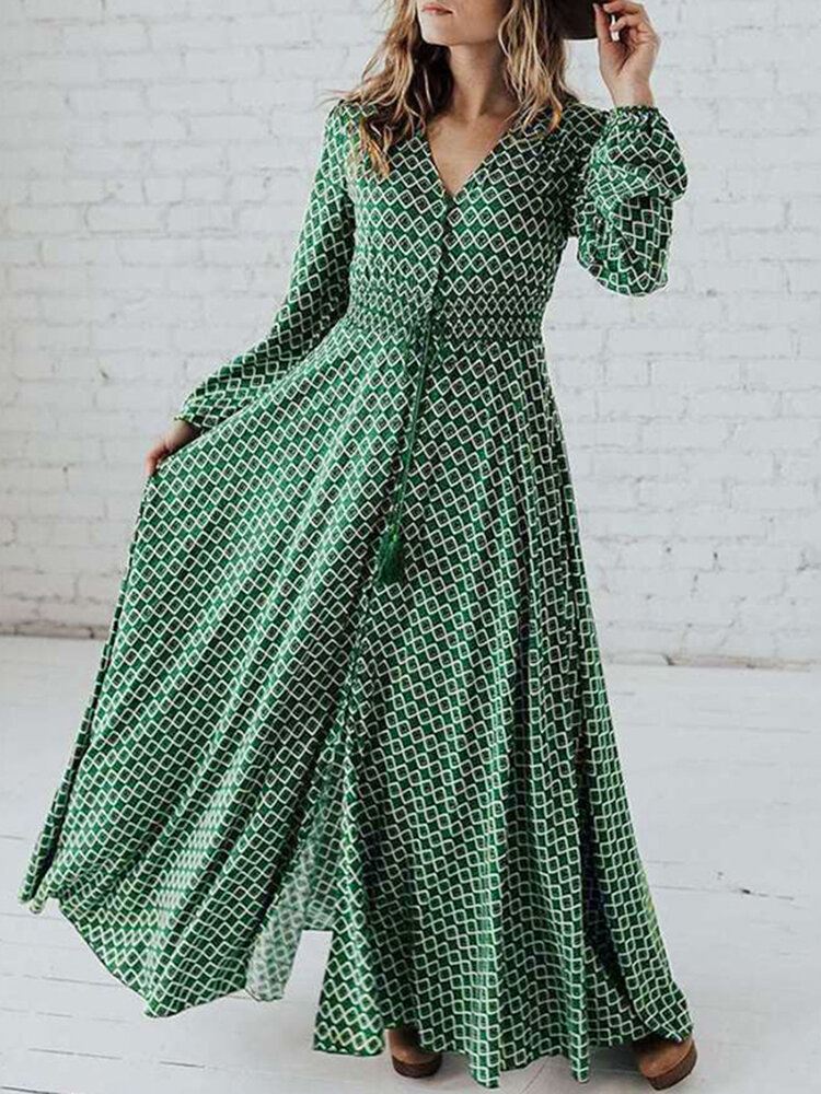 Puff Sleeve Geometric Print V-kaula Pitkähihainen Halkaistu Juhlapyhä Laskostettu Rento Maksimekko