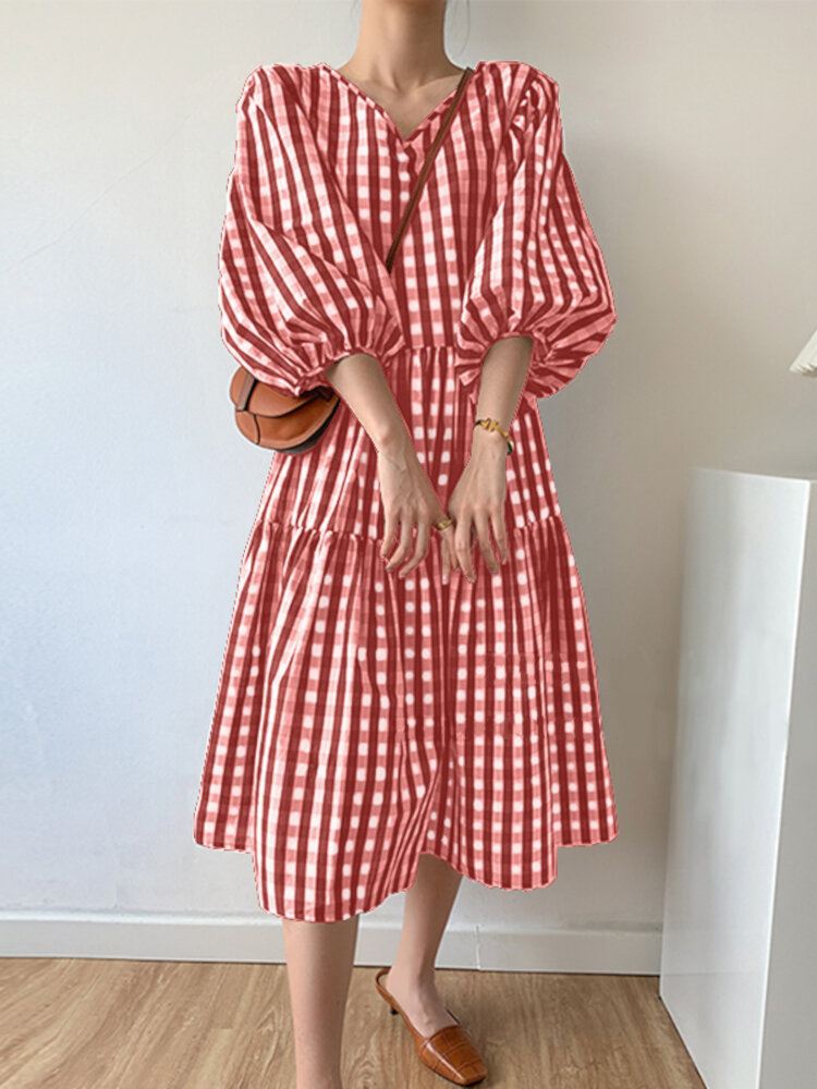 Puff Sleeve Grid Print Ommel V-pääntie Laskokset Vapaa-ajan Mekko Naisille