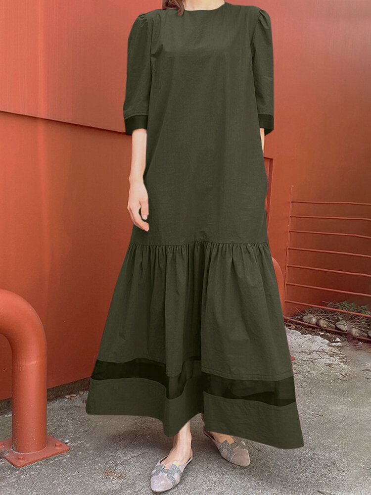Puff Sleeve Patchwork O-pääntie Sivutasku Puolihihainen Holiday Solid Maxi Mekko