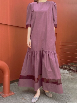 Puff Sleeve Patchwork O-pääntie Sivutasku Puolihihainen Holiday Solid Maxi Mekko