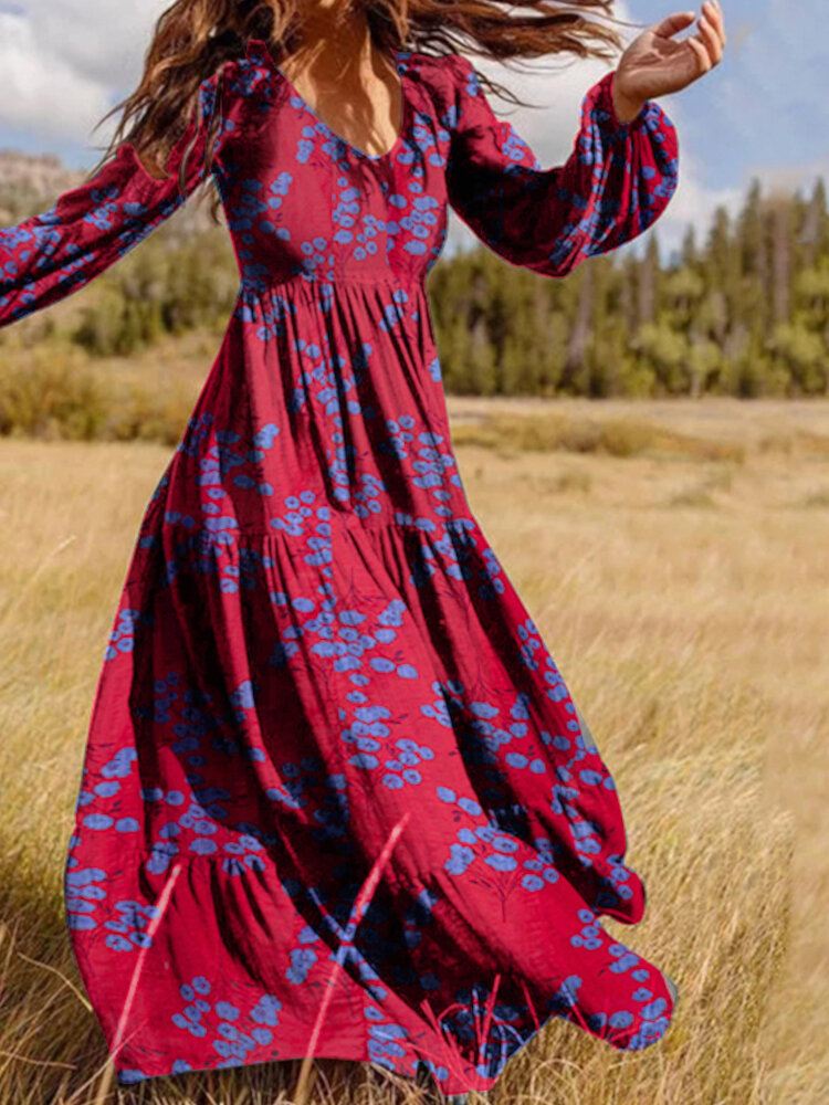 Puff Sleeve V-pääntie Kukkainen Löysä Rento Mekko Naisille