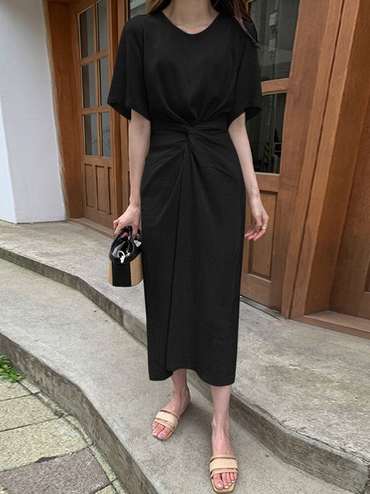 Puuvillainen Solid Bowknot Lyhythihainen Maxi Mekko