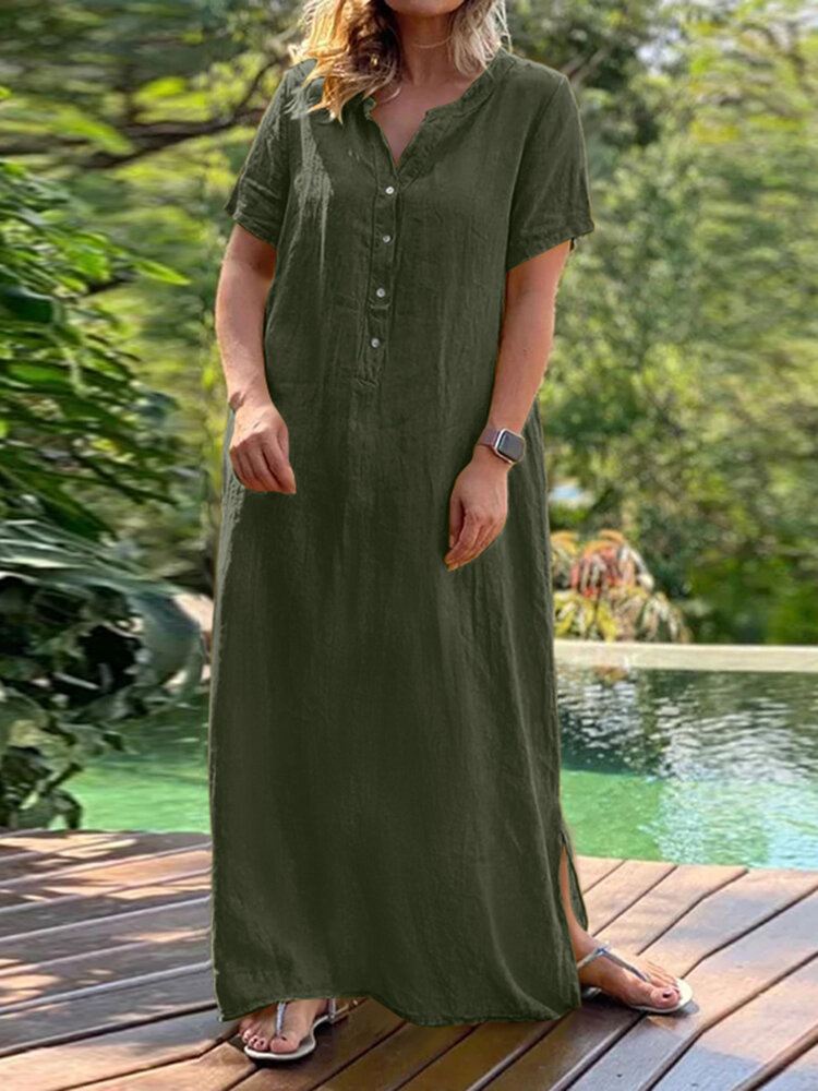 Rento Solid Crew Neck Lyhythihainen Button Bohemia Maxi Mekko