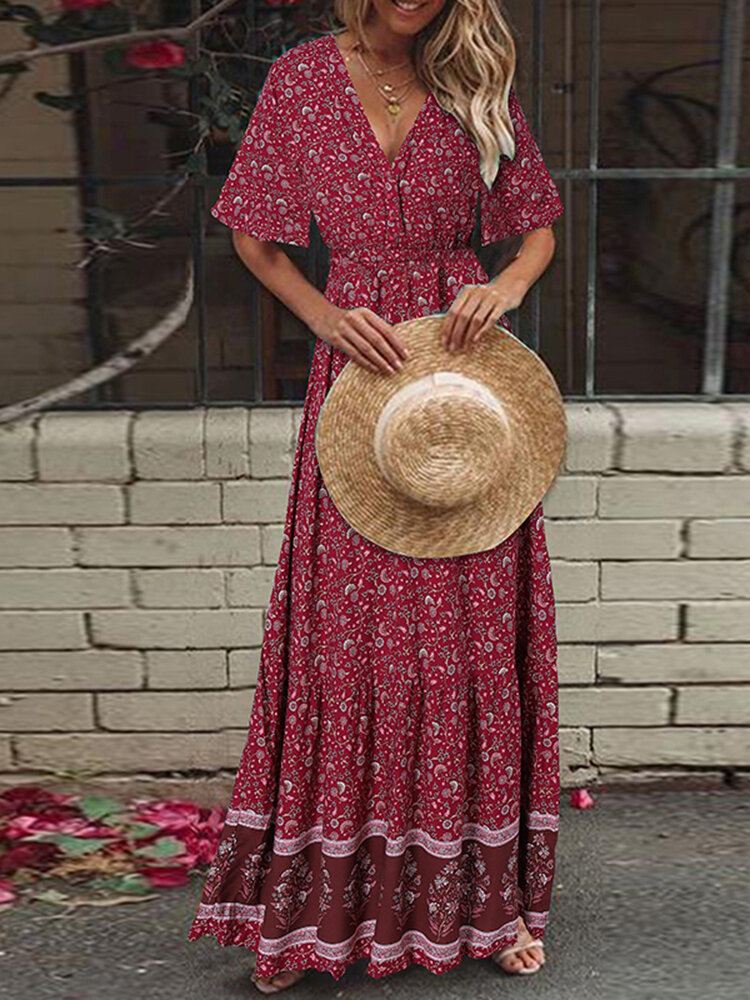 Retro Kukkakuvioinen V-kaula-aukkoinen Lyhythihainen Joustava Vyötärö Bohemian Holiday Maxi-mekko