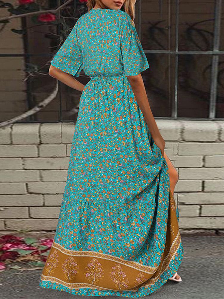 Retro Kukkakuvioinen V-kaula-aukkoinen Lyhythihainen Joustava Vyötärö Bohemian Holiday Maxi-mekko