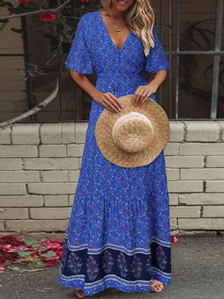 Retro Kukkakuvioinen V-kaula-aukkoinen Lyhythihainen Joustava Vyötärö Bohemian Holiday Maxi-mekko