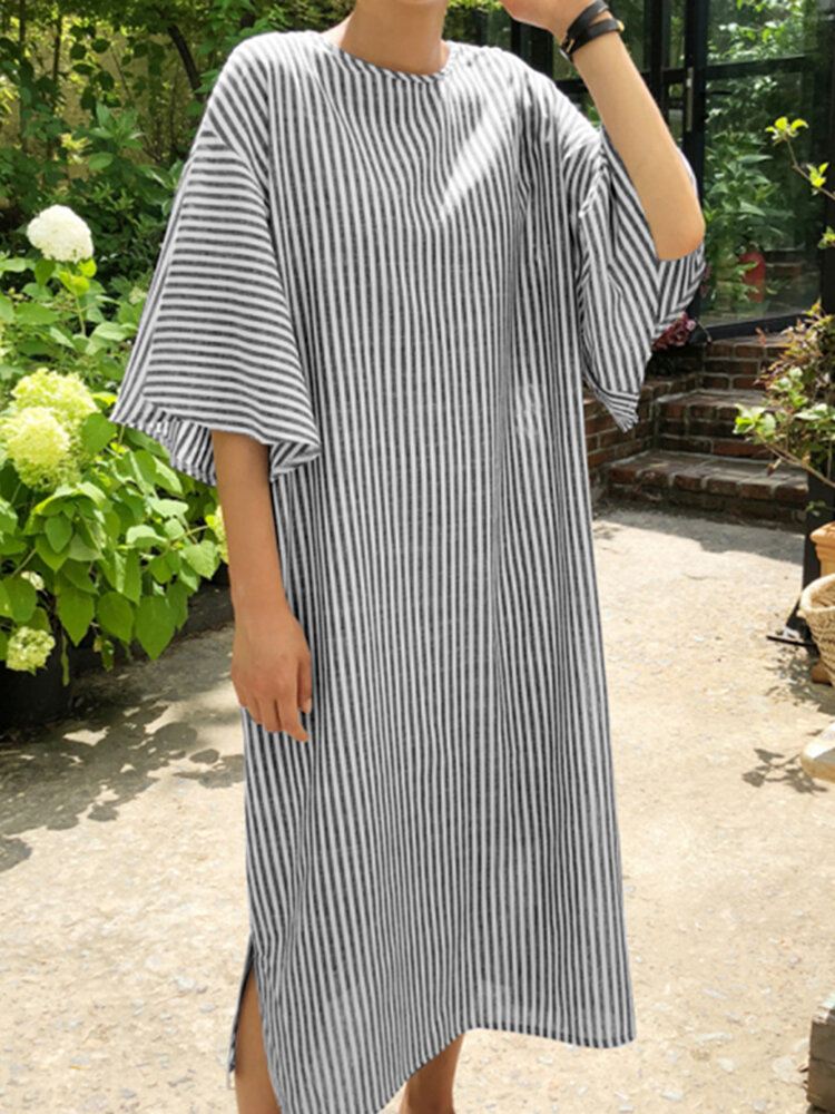 Side Fork Puff Sleeve Raidallinen Väljä Mekko Naisille