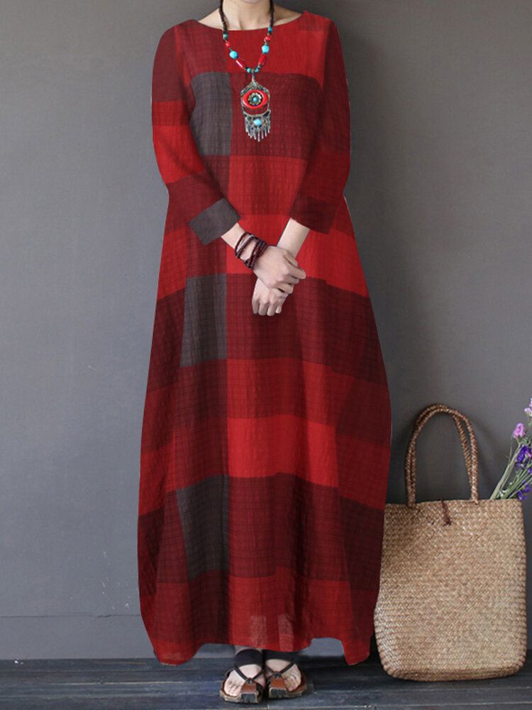 Sivutaskut Ruudullinen Maxi-mekko Vapaa-aikaan Naisille