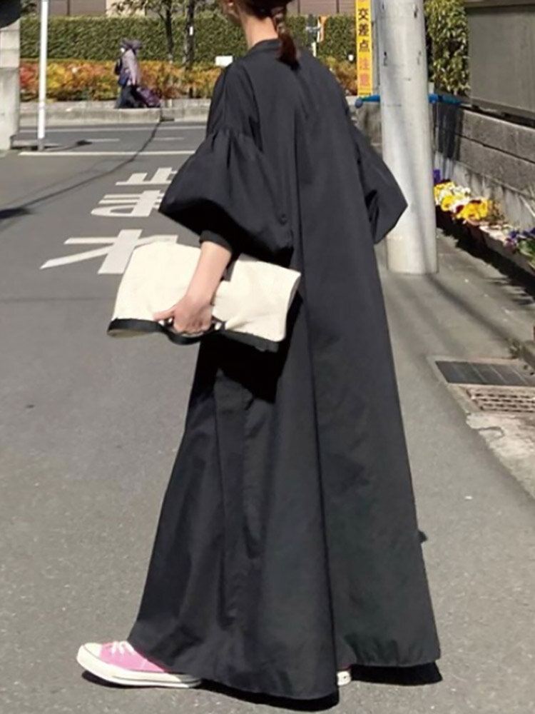 Solid Button Stand Collar Lantern Sleeve Maxi-paitamekko