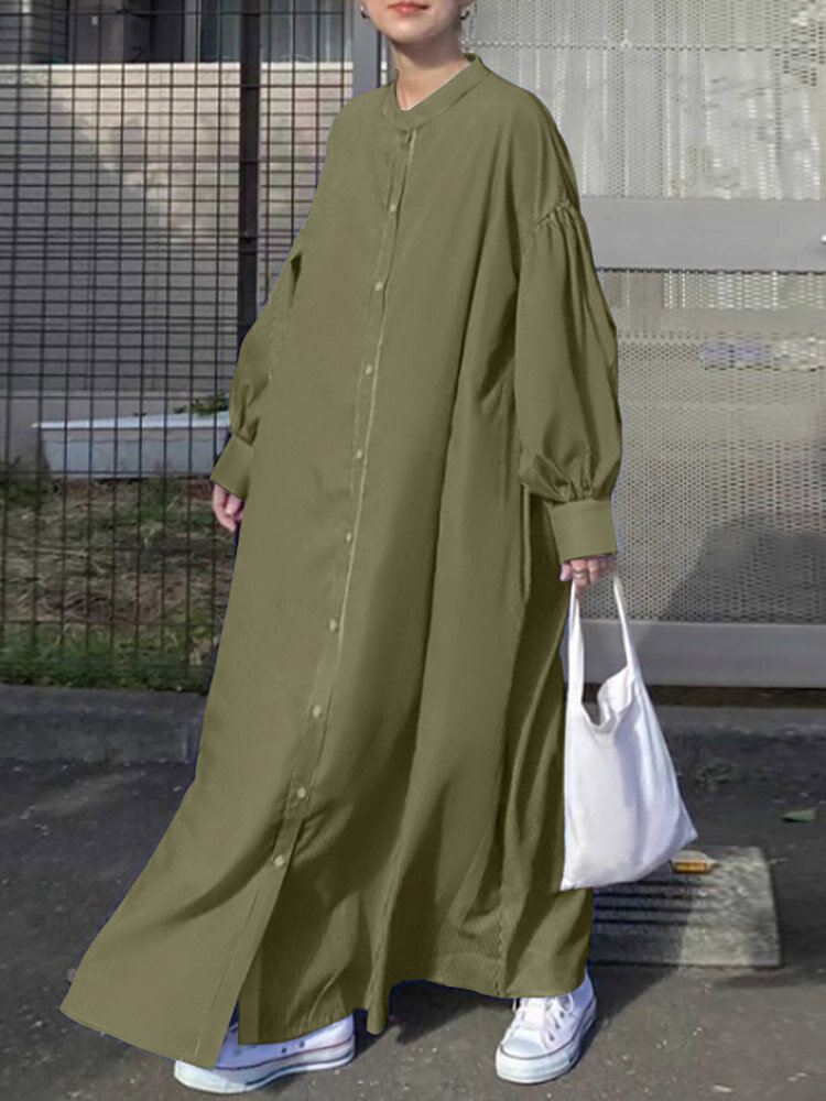 Solid Button Stand Collar Lantern Sleeve Maxi-paitamekko