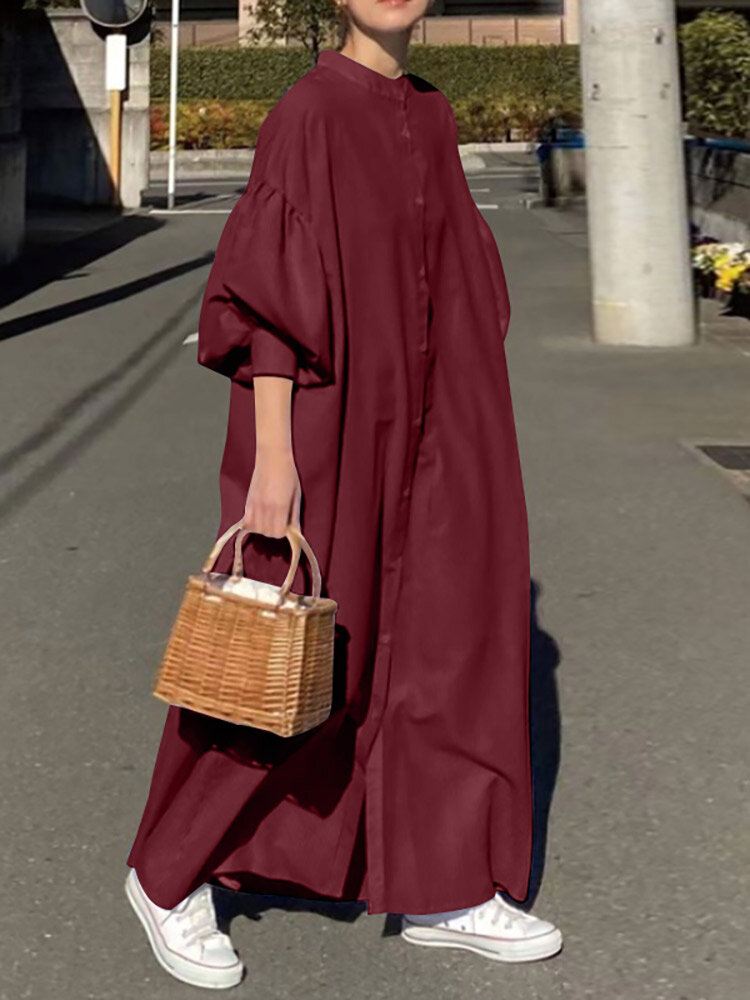 Solid Button Stand Collar Lantern Sleeve Maxi-paitamekko