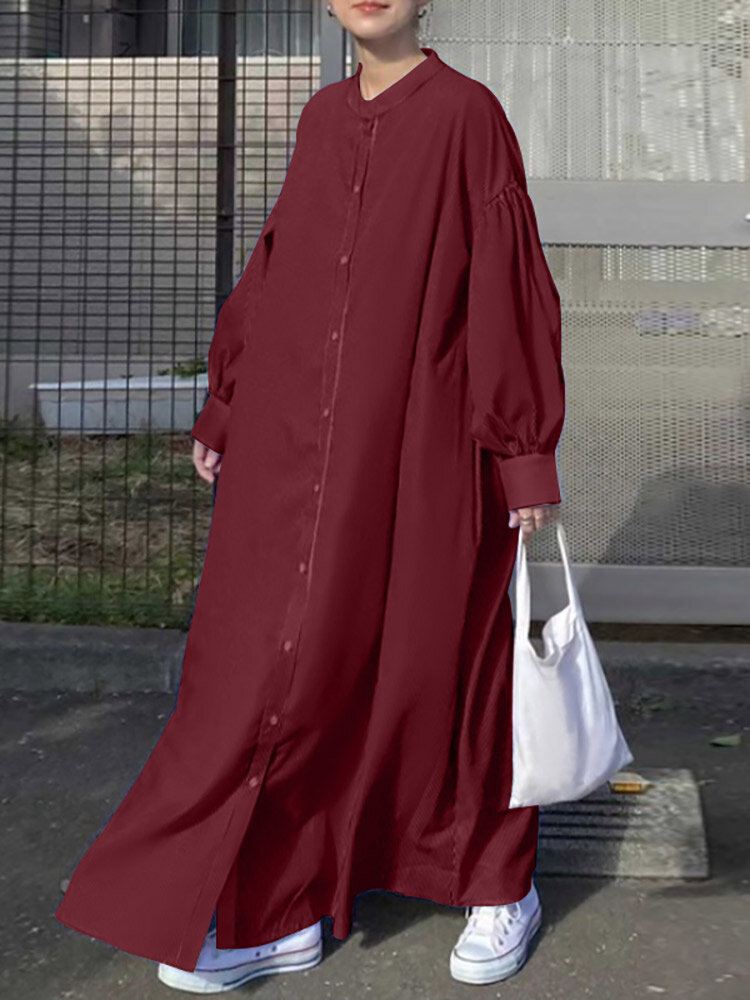 Solid Button Stand Collar Lantern Sleeve Maxi-paitamekko