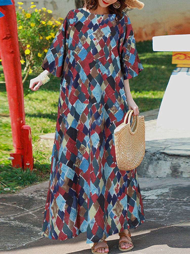 Vintage Geometry Print O-aukkoinen Puolihihainen Bohemia Maxi-mekko