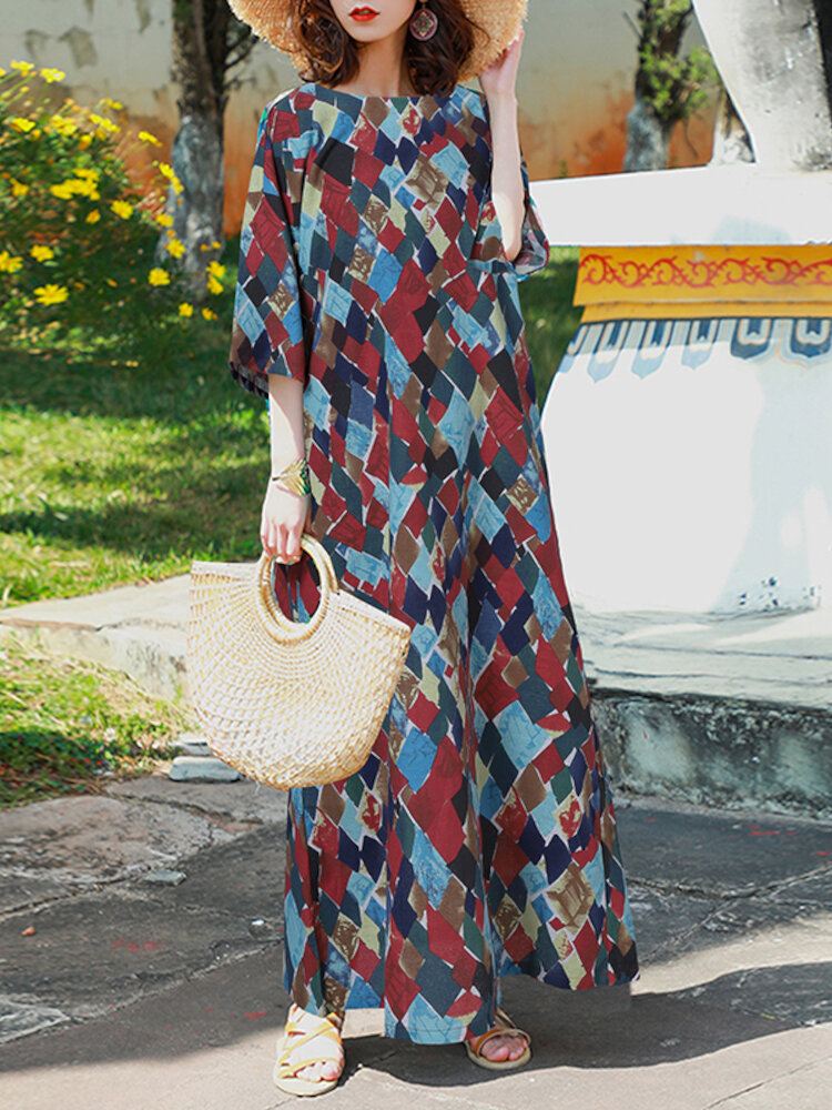 Vintage Geometry Print O-aukkoinen Puolihihainen Bohemia Maxi-mekko