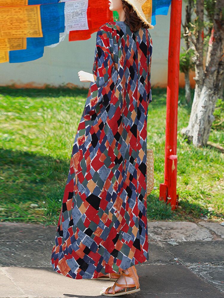 Vintage Geometry Print O-aukkoinen Puolihihainen Bohemia Maxi-mekko