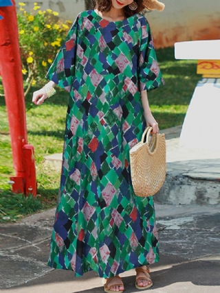Vintage Geometry Print O-aukkoinen Puolihihainen Bohemia Maxi-mekko